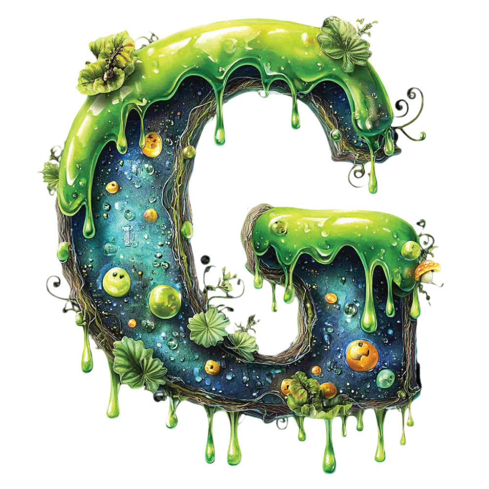 lime green, forest green, navy blue, deep blue, cosmic blue, gold, yellow, teal, dripping slime, whimsical, fantasy, magical, nature-inspired, celestial, enchanted forest, woodland, mushrooms, berries, vines, leaves, organic shapes, gooey texture, bubbles, dewdrops, surreal, dark and moody, cottage core, goblincore, botanical, magical creatures