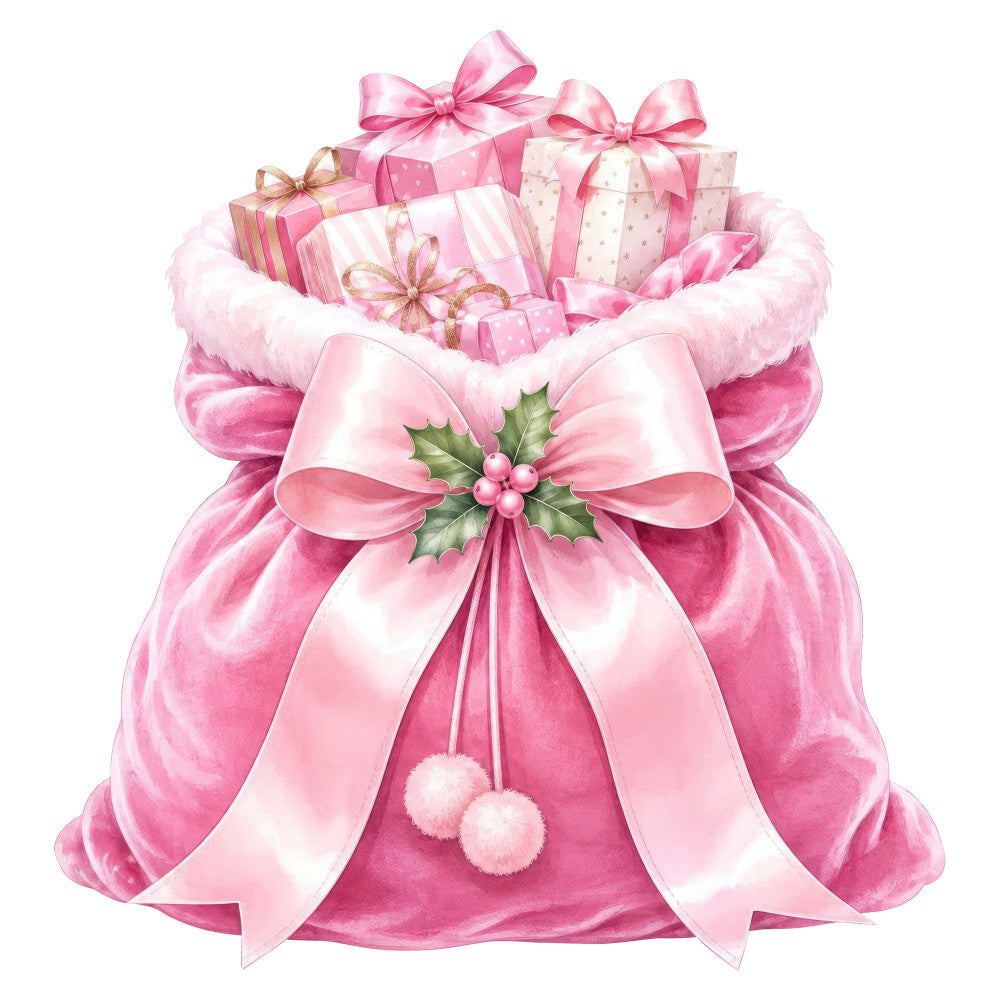 hot pink, pale pink, white, rose pink, magenta, gift boxes, presents, bows, ribbons, holly, berries, festive, holiday, christmas, elegant, whimsical, luxurious, feminine, decorative, striped packages, polka dot packages, velvet texture, fur trim, ornaments, celebration, special occasion, winter, gift giving