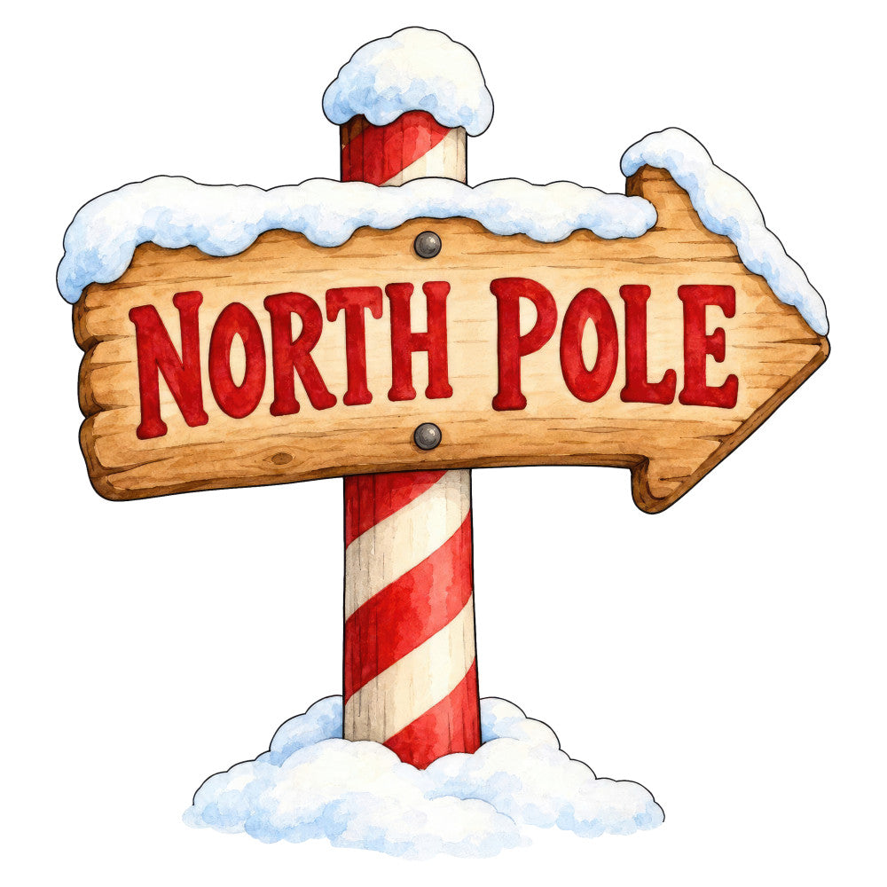 north pole, christmas, holiday, winter, snow, red and white striped, wood sign, directional sign, candy cane stripes, cream, red, white, rustic, whimsical, festive, vintage, seasonal, december, santa's workshop, nostalgic, cottage core, traditional christmas, winter wonderland, snowy, striped pole, directional arrow, holiday decoration, christmas village