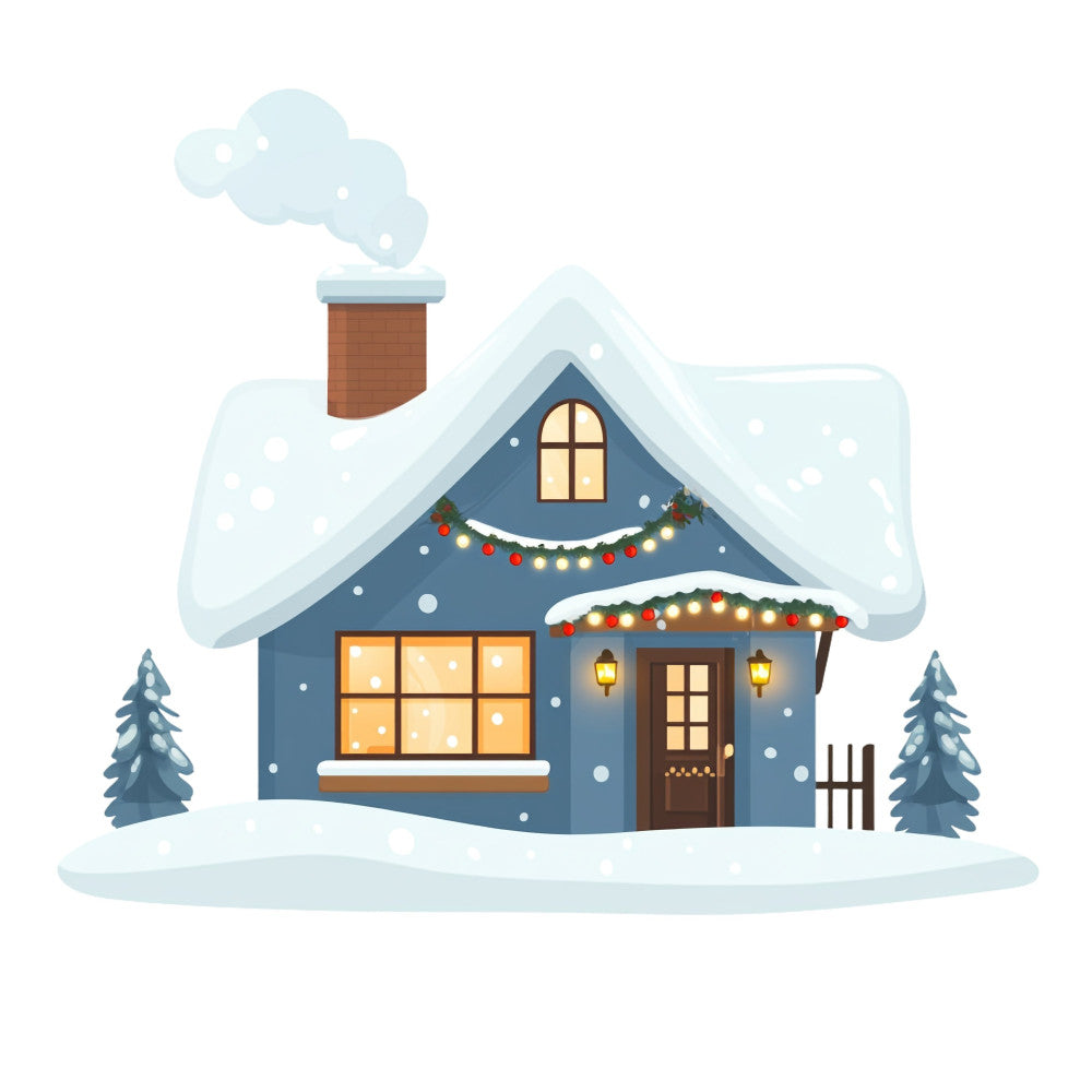 winter house, snowy cottage, christmas, holiday, navy blue, cream white, brown, forest green, cozy cabin, snow-covered roof, chimney, festive, seasonal, winter scene, evergreen trees, decorative lights, garland, lanterns, small house, cottage core, rustic, whimsical, winter landscape, snow falling, illuminated windows, country home, traditional holiday, winter wonderland, festive decor