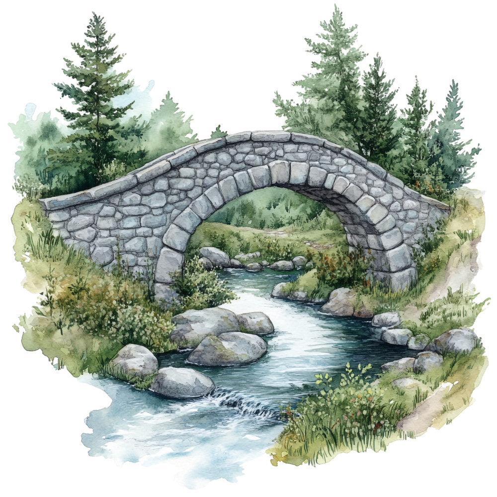 watercolor illustration, stone bridge, flowing stream, evergreen trees, forest green, sage green, blue water, gray stone, natural landscape, countryside scene, fabric panel, quilting cotton, peaceful scenery, rocks and boulders, lush vegetation, pastoral setting, nature motif, soft brushstrokes, tranquil mood, outdoor scene