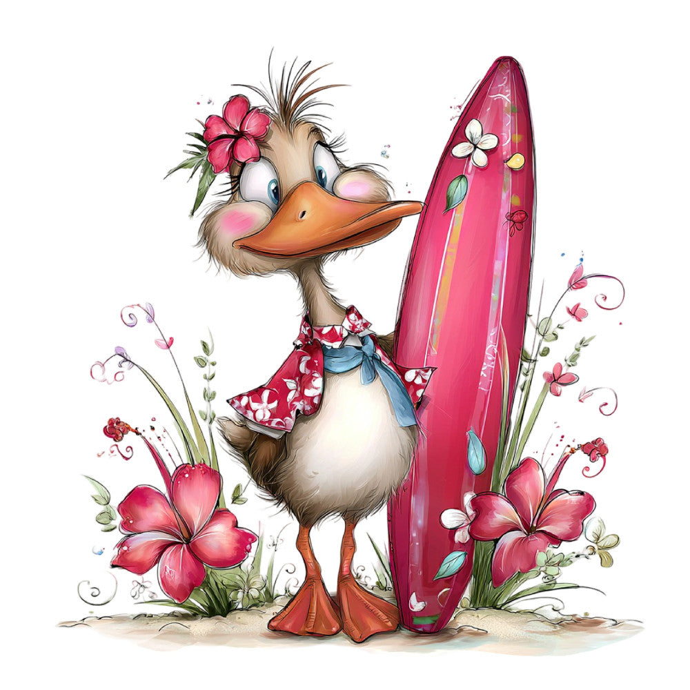 whimsical duck, coral pink, hot pink, magenta, teal blue, cream, sage green, floral, animal, bird, surfboard, beach theme, summer, spring, flowers, butterflies, nature, playful, cute, children's, kids, feminine, colorful, illustrated, coastal, surfing, girl's nursery, baby quilt, wall hanging, vintage illustration