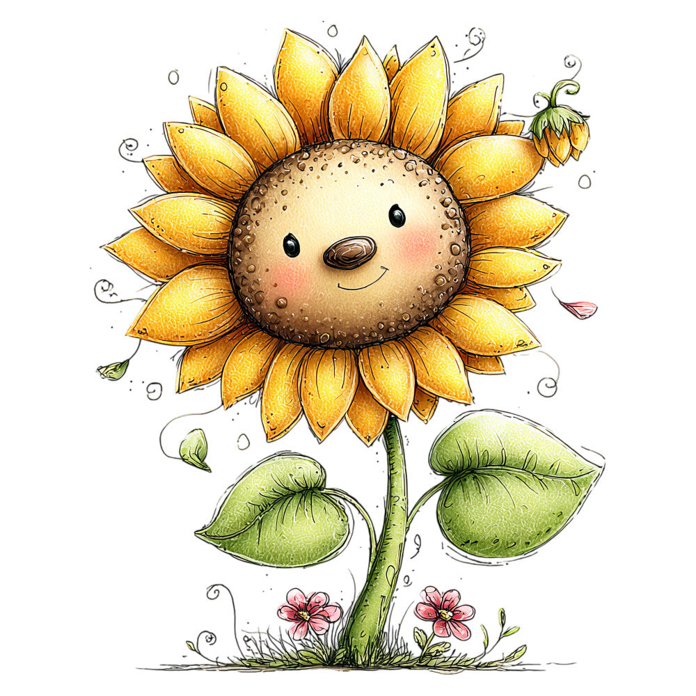 sunflower, smiling face, whimsical, golden yellow, sage green, soft pink, cheerful, nature, flowers, garden, spring, summer, children, kawaii, cute, anthropomorphic, character fabric, baby quilt, nursery, playful, botanical, meadow flowers, daisy, folk art, illustration style, gentle, sweet, pastoral, storybook