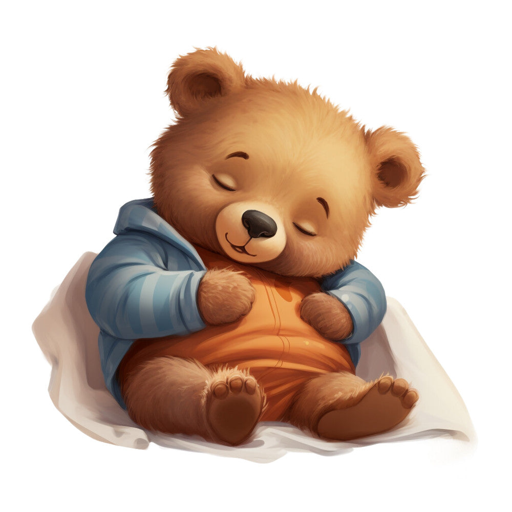 teddy bear, pajamas, brown bear, blue hoodie, orange pants, sleeping bear, cute animal, children's fabric, nursery panel, soft colors, cartoon style, sleepy character, bedtime theme, quilting panel, cotton fabric, baby bear, cozy mood, pastel tones, kid's room, fabric square