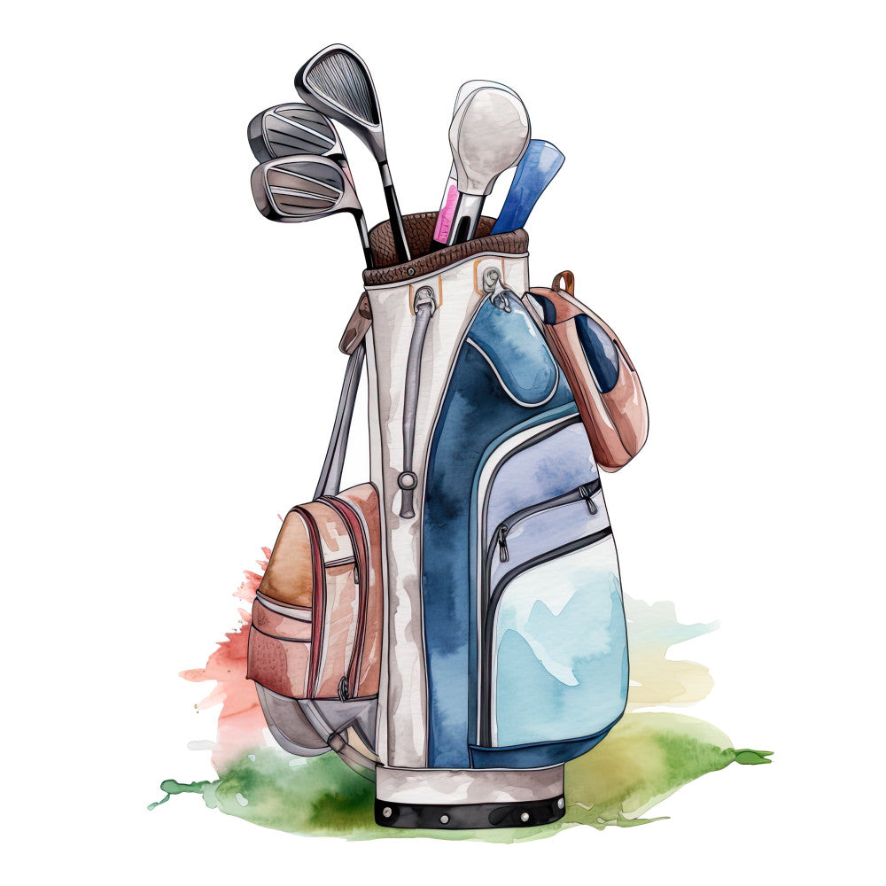 golf, sports, golfer, golf clubs, golf bag, cart bag, leisure, hobby, recreation, blue, navy blue, coral pink, rose pink, cream, white, sage green, watercolor, illustrated, whimsical, casual, modern, golfing lifestyle, athletic, outdoor sports, preppy, country club, golf enthusiast, recreation theme