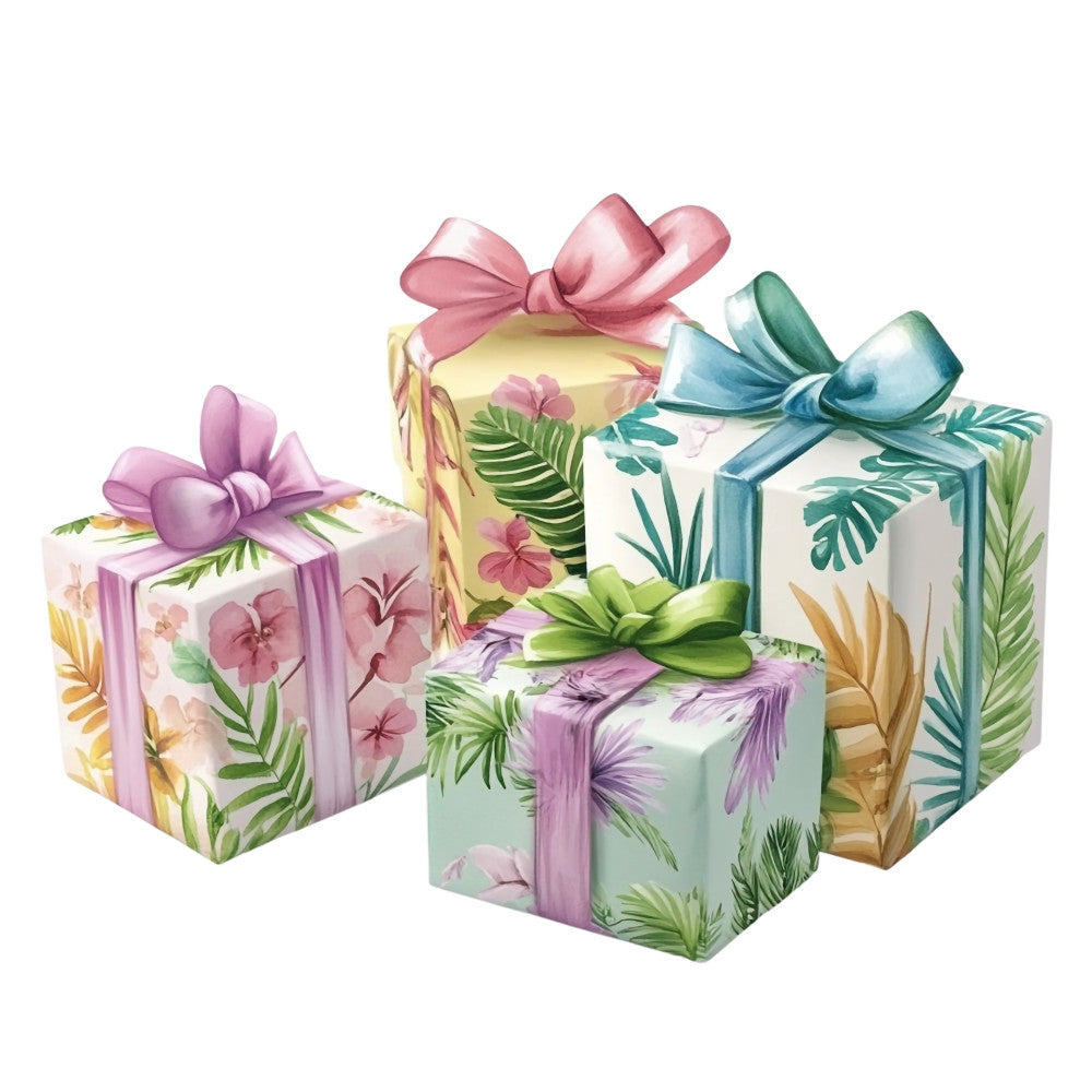 floral, botanical, pastel colors, soft pink, blush pink, dusty rose, pale yellow, cream, mint green, sage green, teal blue, gift boxes, ribbons, bows, spring, nature, whimsical, elegant, tropical leaves, ferns, delicate flowers, gift wrapping theme, feminine, cheerful, colorful, layered presents, decorative, festive, playful