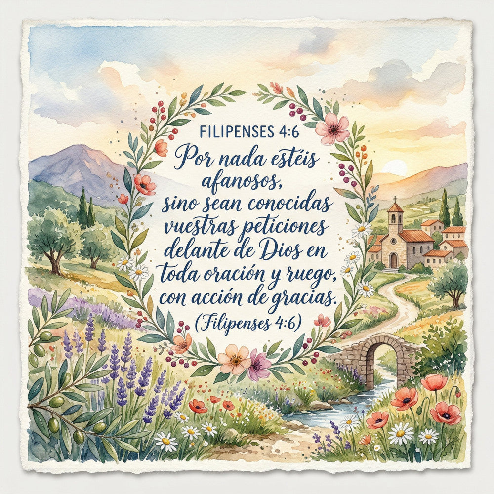floral, scripture, botanical, lavender, wildflowers, poppies, daisies, sage green, cream, soft yellow, landscape, countryside, rustic, inspirational, faith-based, spanish text, religious, vintage, pastoral, spring, summer, nature, garden, peaceful, spiritual, decorative panel, wall hanging, traditional, watercolor style, peaceful landscape