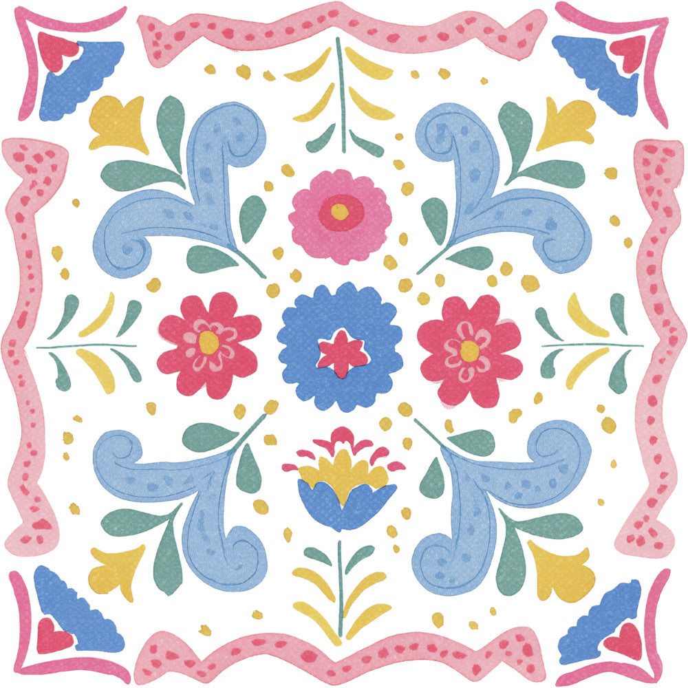 floral, folk art, botanical, whimsical, traditional, spring, summer, pink, blue, yellow, green, coral pink, sky blue, teal green, golden yellow, heart motifs, flowers, leaves, scrolls, symmetrical, decorative border, vintage inspired, bohemian, nature themed, cheerful, bright, colorful, ornamental, scalloped edge, daisy