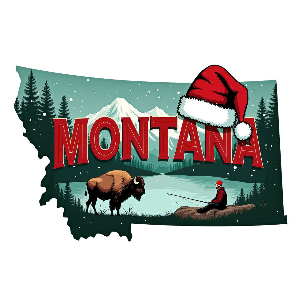 Christmas US States Fabric Panel 25 featuring Montana with a festive Santa hat, bison, fisherman, and snowy mountain scenery.