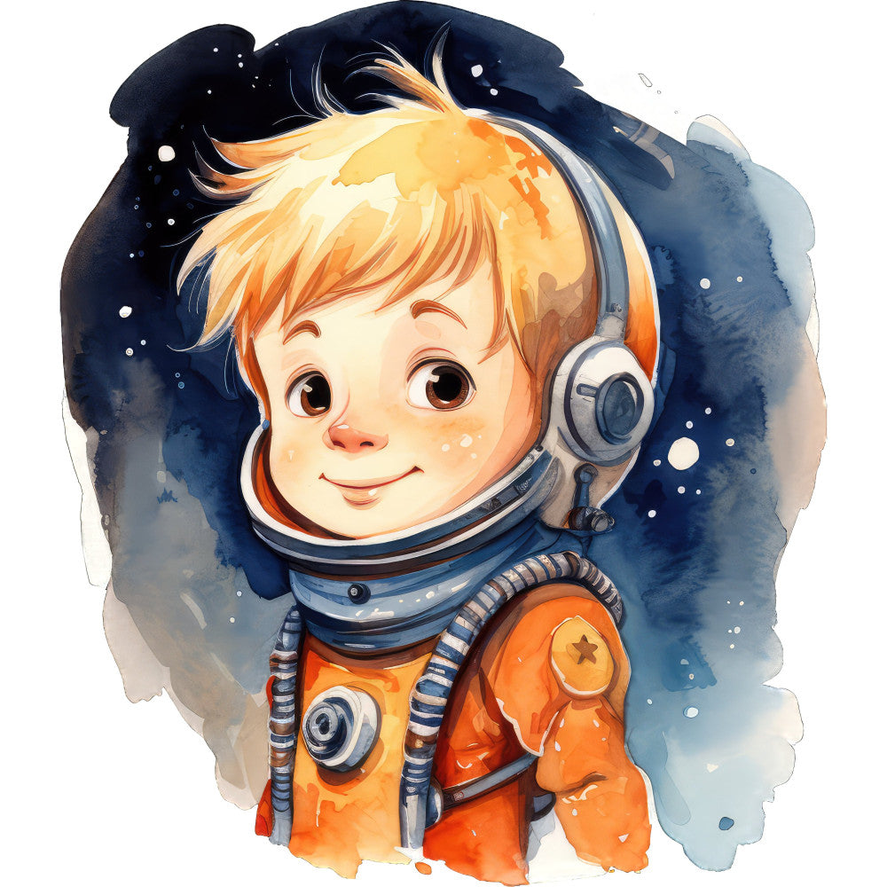 astronaut, space theme, celestial, orange, navy blue, cream, stars, children's, whimsical, cute, illustration, character, boy, watercolor, modern, dreamy, cosmic, galaxy, adventure, nursery, baby quilt, wall hanging, playful, charming, vibrant, artistic, storybook, youth-themed