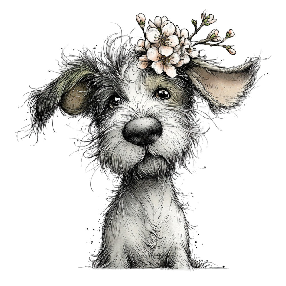 dog, puppy, terrier, animal portrait, whimsical, spring flowers, cherry blossoms, floral crown, botanical, nature, sweet, gentle, children's, baby, illustration, ink drawing, sketch style, black and white, cream, tan, brown, taupe, farmhouse, cottage core, adorable, playful, soft, delicate, springtime, bloom