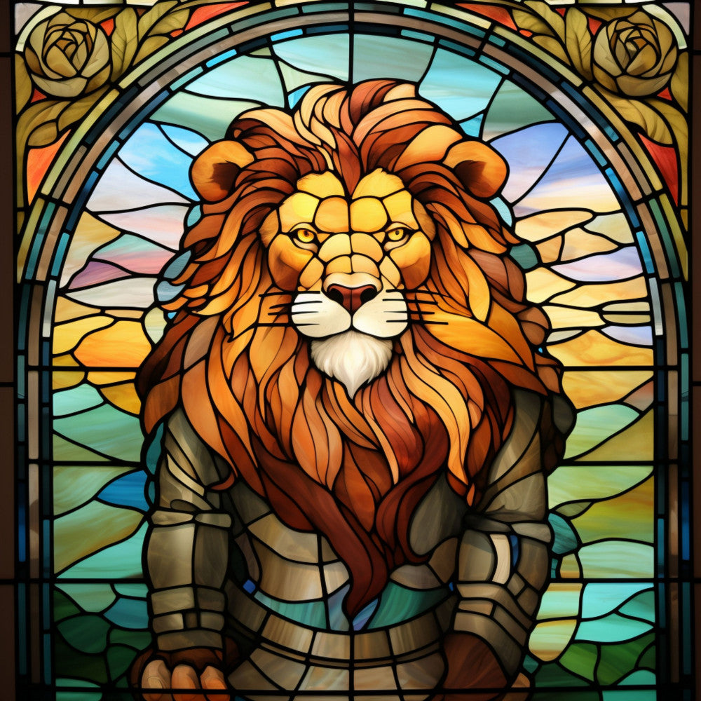 stained glass, lion, orange, amber, golden yellow, brown, green, blue, fabric panel, quilting cotton, majestic lion, flowing mane, geometric patterns, lead lines, cathedral style, warm tones, earth colors, animal portrait, decorative border, crafting fabric