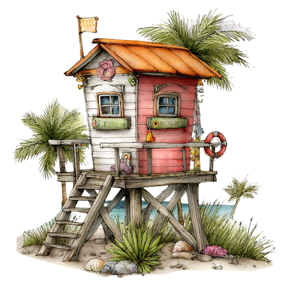 beach house, coastal, whimsical, stilt house, tropical, palm trees, nautical, rust orange, coral pink, dusty rose, cream white, sky blue, sandy beige, children's, storybook, illustration, adventure, seaside, summer, playful, quirky, cottage core, hand-drawn, watercolor style, coastal living, beach themed, decorative panel, wall art, children's quilt