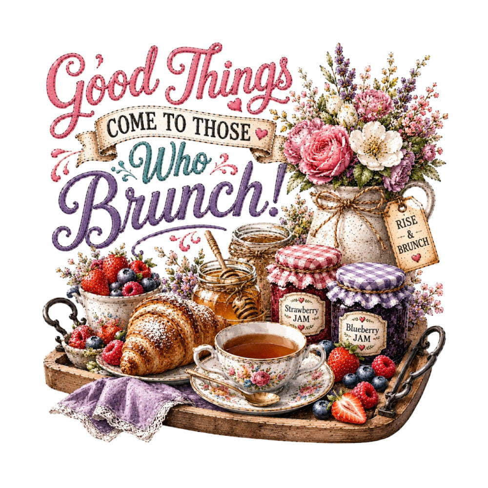 good things brunch, rise and brunch, floral, vintage, farmhouse, rustic, elegant, berries, strawberries, blueberries, croissants, tea, coffee, jam jars, cottage core, shabby chic, dusty rose, lavender purple, cream, blush pink, burgundy, botanical, flowers, roses, spring, breakfast theme, brunch party, kitchen decor, tea time, gingham