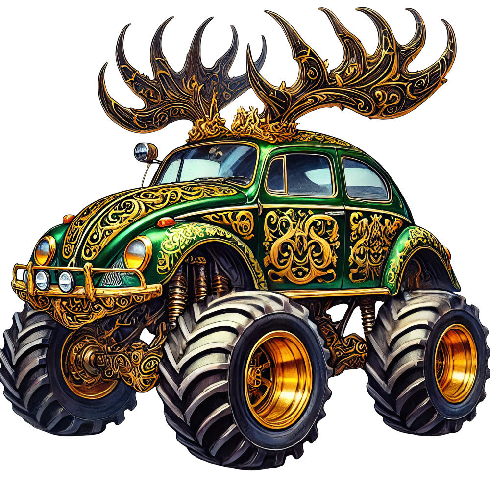 forest green, gold, black, ornate, decorative, baroque, filigree, vintage car, monster truck, oversized wheels, whimsical, fantasy, automotive, intricate patterns, scrollwork, embellished, bold, statement, novelty, children's, playful, mechanical, retro, art deco, metallic gold, vehicle, humor, quirky, alternative