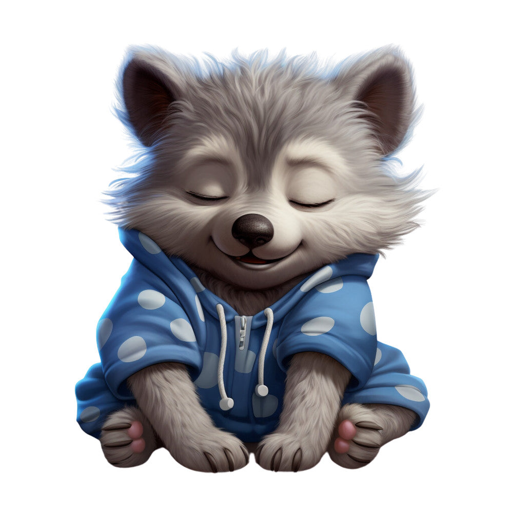 blue hoodie, white polka dots, gray fur, raccoon character, closed eyes, peaceful expression, sitting pose, cute animal, children's fabric, nursery decor, soft pastels, whimsical art, digital illustration, fabric panel, quilting cotton, sleepwear theme, pajama pattern, adorable creature, cozy mood, kid-friendly design