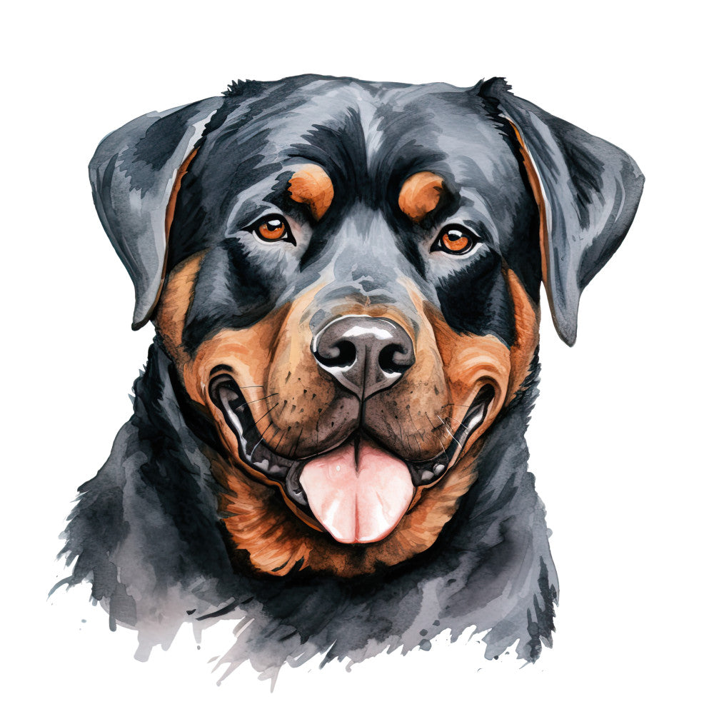 Watercolor Rottweiler Fabric Panel 14 featuring a detailed, vibrant portrait of a happy Rottweiler dog printed on premium quilting cotton.