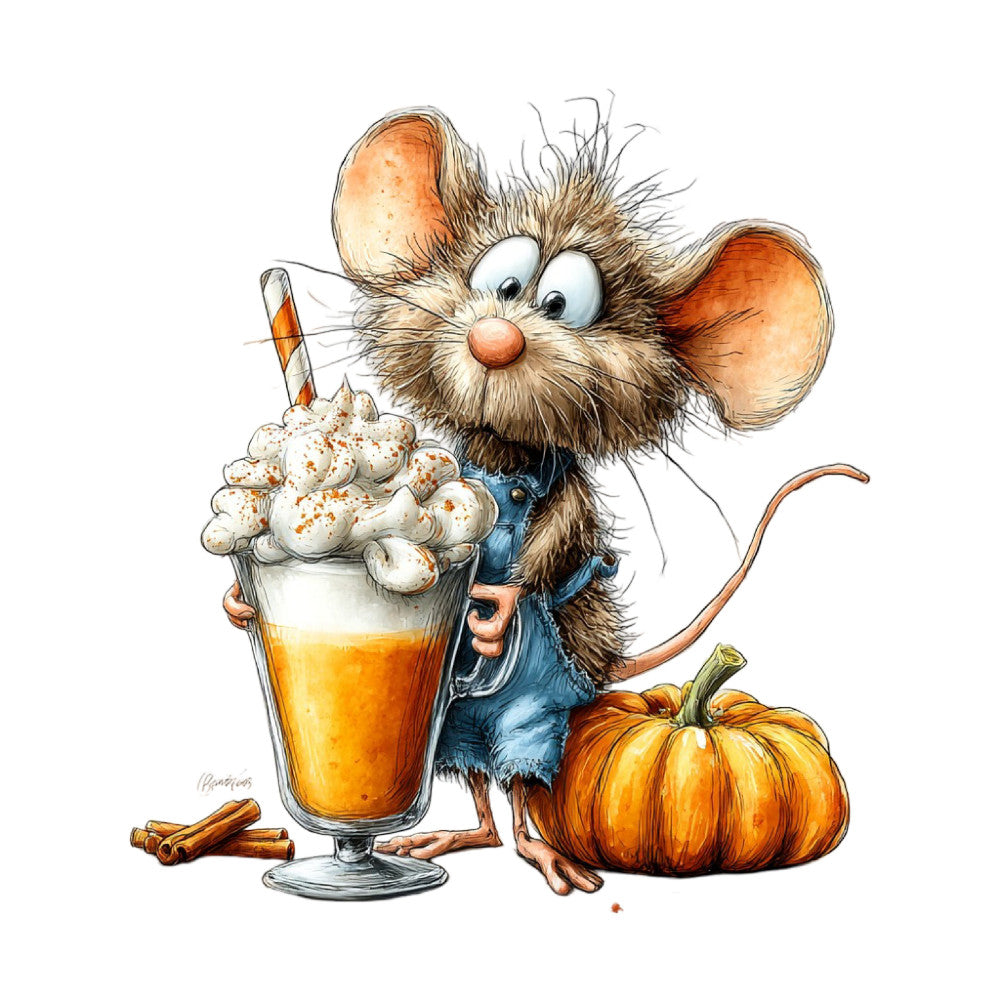 pumpkin spice, autumn, fall, mouse, whimsical, cute animals, orange, cream, tan, brown, denim blue, cinnamon, festive, harvest, seasonal, cozy, children's, playful, pumpkin, spiced beverage, nostalgic, countryside, folk art, vintage style, animal characters, illustration, striped overalls, rustic charm, thanksgiving