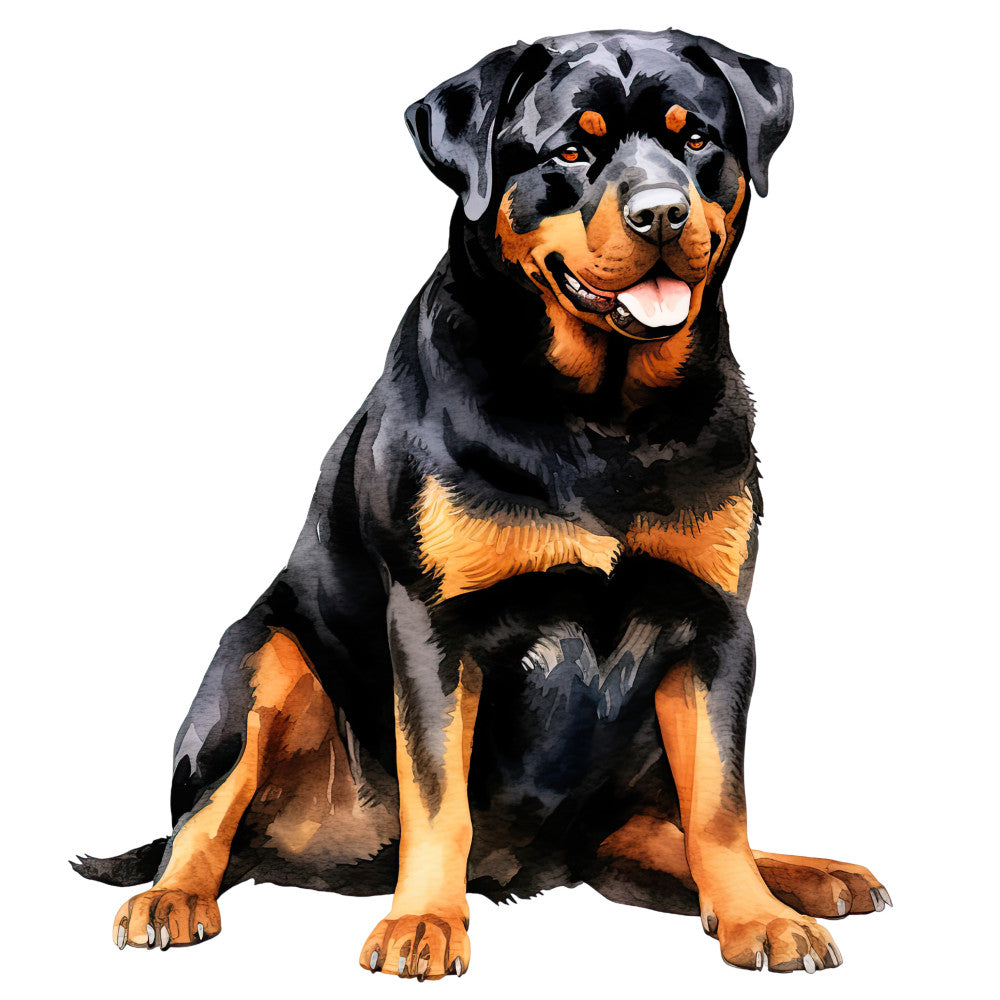 Watercolor Rottweiler Fabric Panel 9 showcasing a detailed, vibrant Rottweiler dog illustration on premium quilting cotton.