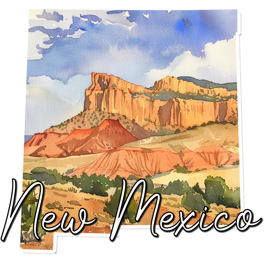 new mexico landscape, desert scenery, southwest art, adobe architecture, butte landscape, terracotta orange, burnt sienna, sage green, sky blue, cream beige, southwestern style, rustic landscape, desert mountains, mesas and buttes, earth tones, canyon vista, native american inspired, western landscape, travel theme, state pride, desert flora, architectural landmark, vintage illustration, watercolor style, turquoise accents, natural landscape, geographical, americana theme