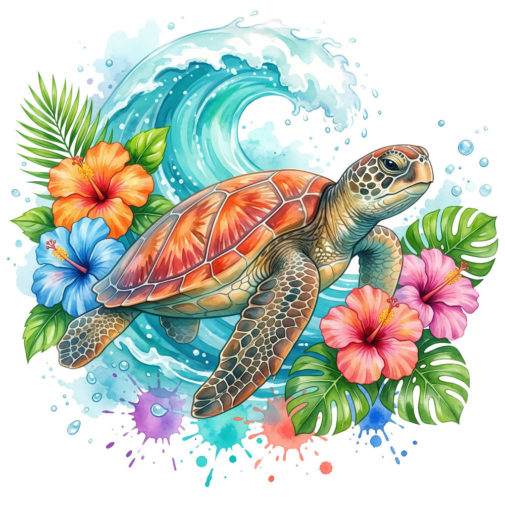 sea turtle, ocean waves, tropical flowers, hibiscus, turquoise blue, coral orange, pink hibiscus, monstera leaves, palm fronds, watercolor, splash paint, aquatic, nautical, summer, beach theme, whimsical, colorful, nature themed, floral design, underwater, tropical theme, bohemian style, vibrant colors, teal blue, orange red, lime green, botanical, marine life, coastal, vibrant watercolor