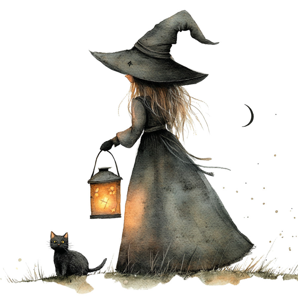 watercolor, witch, black cat, lantern, moon, crescent moon, charcoal gray, orange glow, long hair, pointed hat, flowing dress, mystical, halloween, autumn, fabric panel, quilting cotton, whimsical illustration, magical scene, nighttime, enchanted