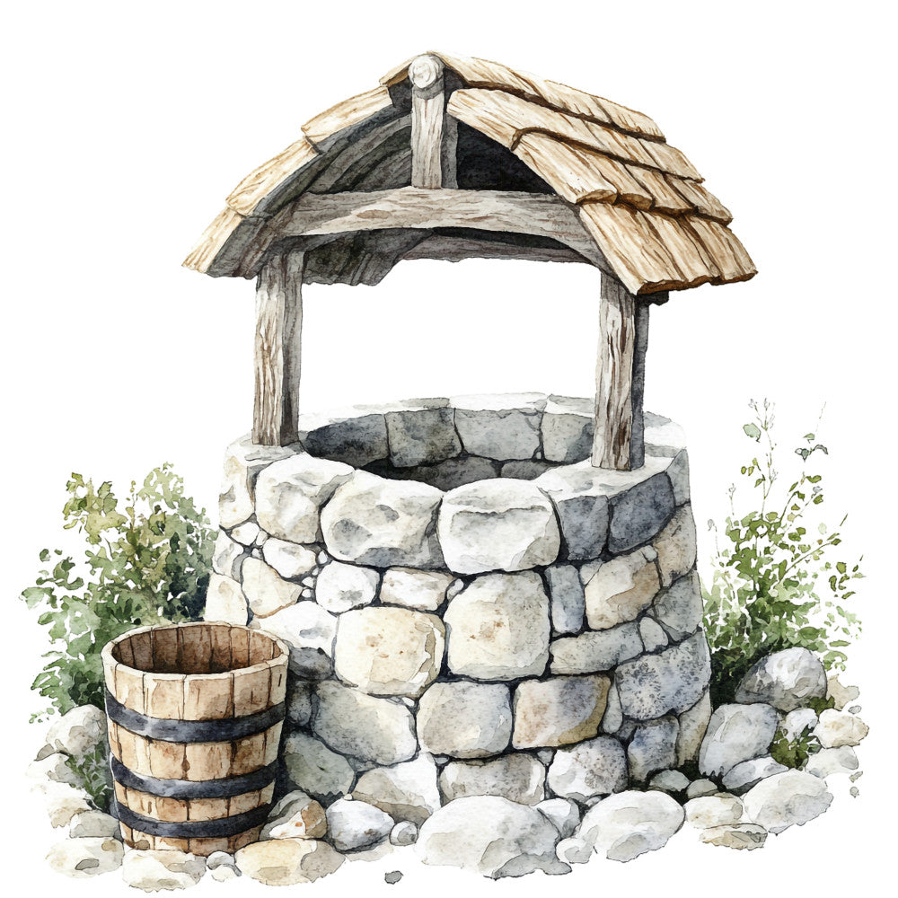 watercolor illustration, stone well, wooden bucket, thatched roof, rustic countryside, grey stones, beige tones, green foliage, fabric panel, quilting cotton, medieval well, pastoral scene, earth tones, cottage core, vintage style, hand drawn look, rural landscape, weathered wood, natural textures