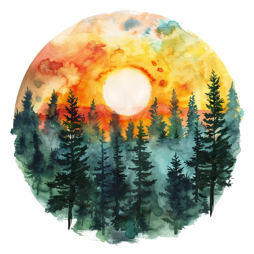 watercolor, forest landscape, evergreen trees, pine trees, sunset sky, orange sky, yellow sun, teal blue, forest green, circular design, nature scene, summer theme, fabric panel, quilting cotton, artistic style, peaceful mood, woodland scene, gradient colors, soft textures, craft fabric