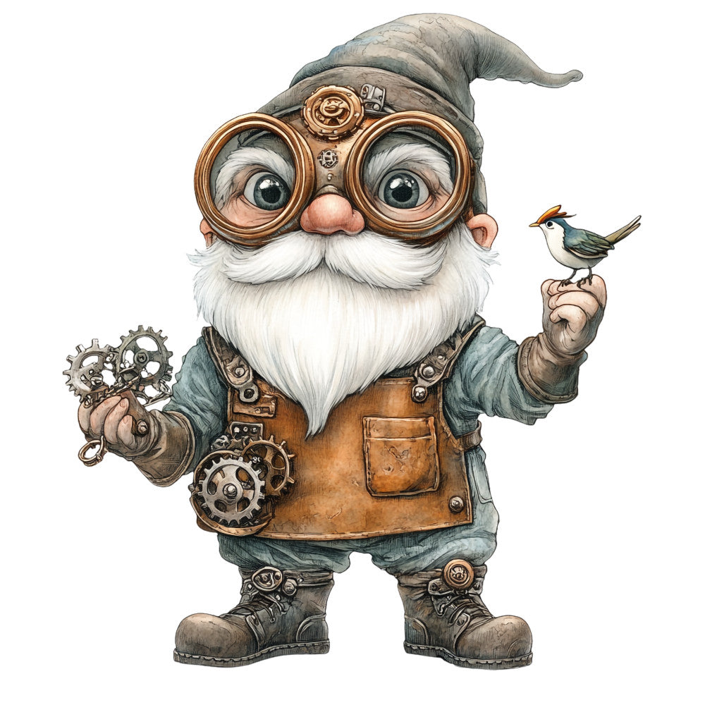 steampunk gnome, copper goggles, white beard, gray hat, leather apron, mechanical gears, small bird, fantasy character, whimsical illustration, fabric panel, quilting cotton, brown leather, sage green, copper accents, victorian inspired, clockwork elements, gnome figure, steampunk aesthetic, craft fabric, sewing panel