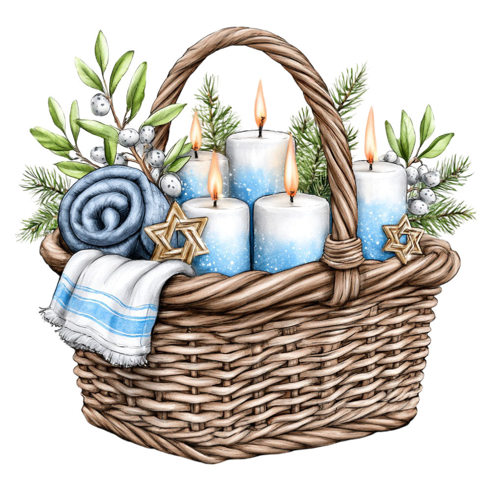 blue candles, white candles, woven basket, evergreen branches, silver berries, gold stars, rolled towels, blue striped towel, winter holiday, hanukkah, christmas, festive, elegant, traditional, rustic, spa, relaxation, home decor, blue and white, soft blue, cream white, nature, botanical, seasonal, winter, decorative, peaceful, cozy, warm, dimensional