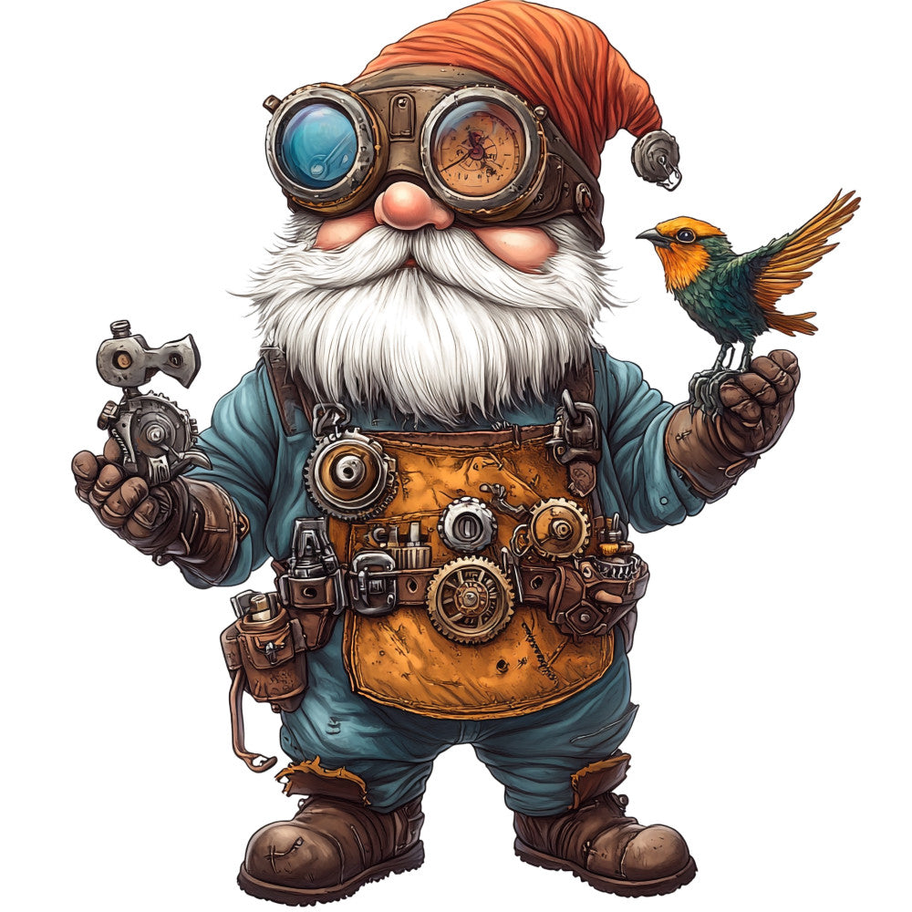 steampunk gnome, orange hat, white beard, brass goggles, mechanical gadgets, colorful bird, teal blue clothing, brown leather boots, copper gears, vintage machinery, fantasy character, whimsical illustration, fabric panel, quilting cotton, detailed artwork, steam-powered accessories, inventor gnome, mechanical contraptions, adventure theme