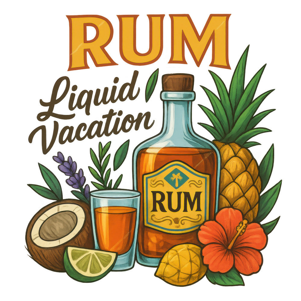 rum bottle, tropical vacation, pineapple, coconut, lime slice, hibiscus flower, orange liquid, glass tumbler, brown cork, green leaves, purple lavender, orange hibiscus, golden yellow, amber rum, fabric panel, tropical theme, cocktail ingredients, vacation vibes, island motif, beverage illustration