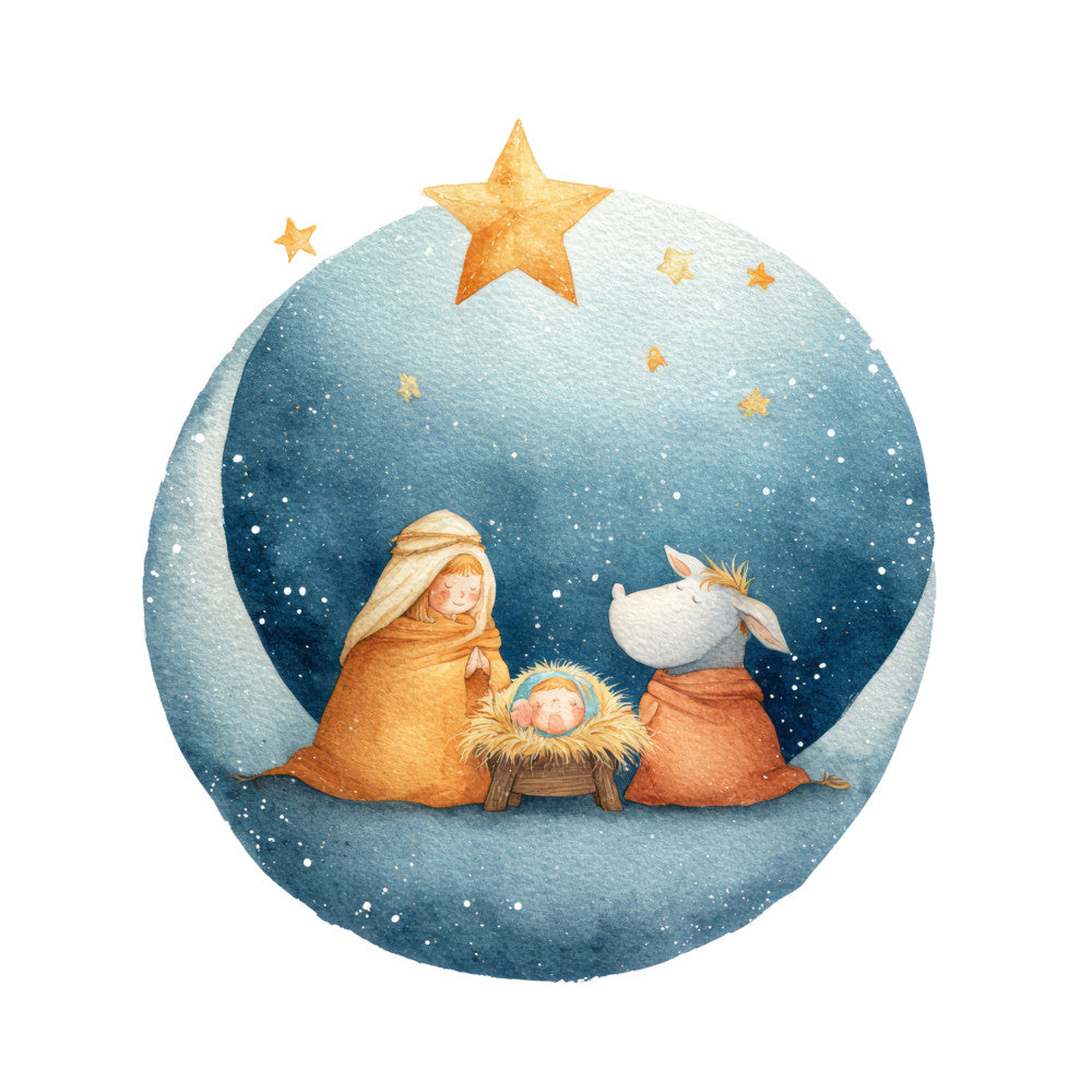 nativity, christmas, religious, celestial, stars, baby, children, whimsical, gentle, soft, teal blue, dusty blue, warm gold, cream, orange, manger scene, animals, peaceful, nursery, holiday, winter, spiritual, nativity scene, animals and children, gentle illustration, storybook, gold stars, moon, sweet, tender