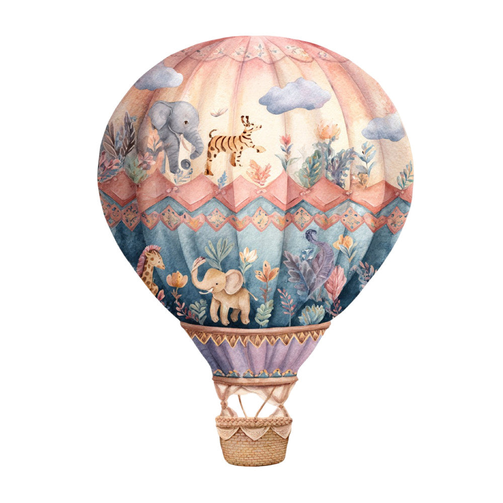 hot air balloon, whimsical, elephant, tiger, animals, safari, adventure, nursery, baby, children's, pastel colors, dusty rose, soft blue, coral pink, sage green, clouds, floral, botanical, vintage, storybook, dreamy, gentle, nature, wildlife, travel, exploration, wall hanging, baby quilt, decorative panel, soft watercolor