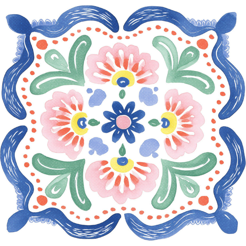 navy blue, coral pink, pale pink, sage green, yellow, white, floral, symmetrical, geometric, folk art, traditional, whimsical, bohemian, vintage, scandinavian, painted flowers, daisy motifs, leaf motifs, decorative border, ornate frame, spring, summer, baby quilt, wall hanging, home decor, cheerful, colorful, hand-painted style, botanical, rustic charm