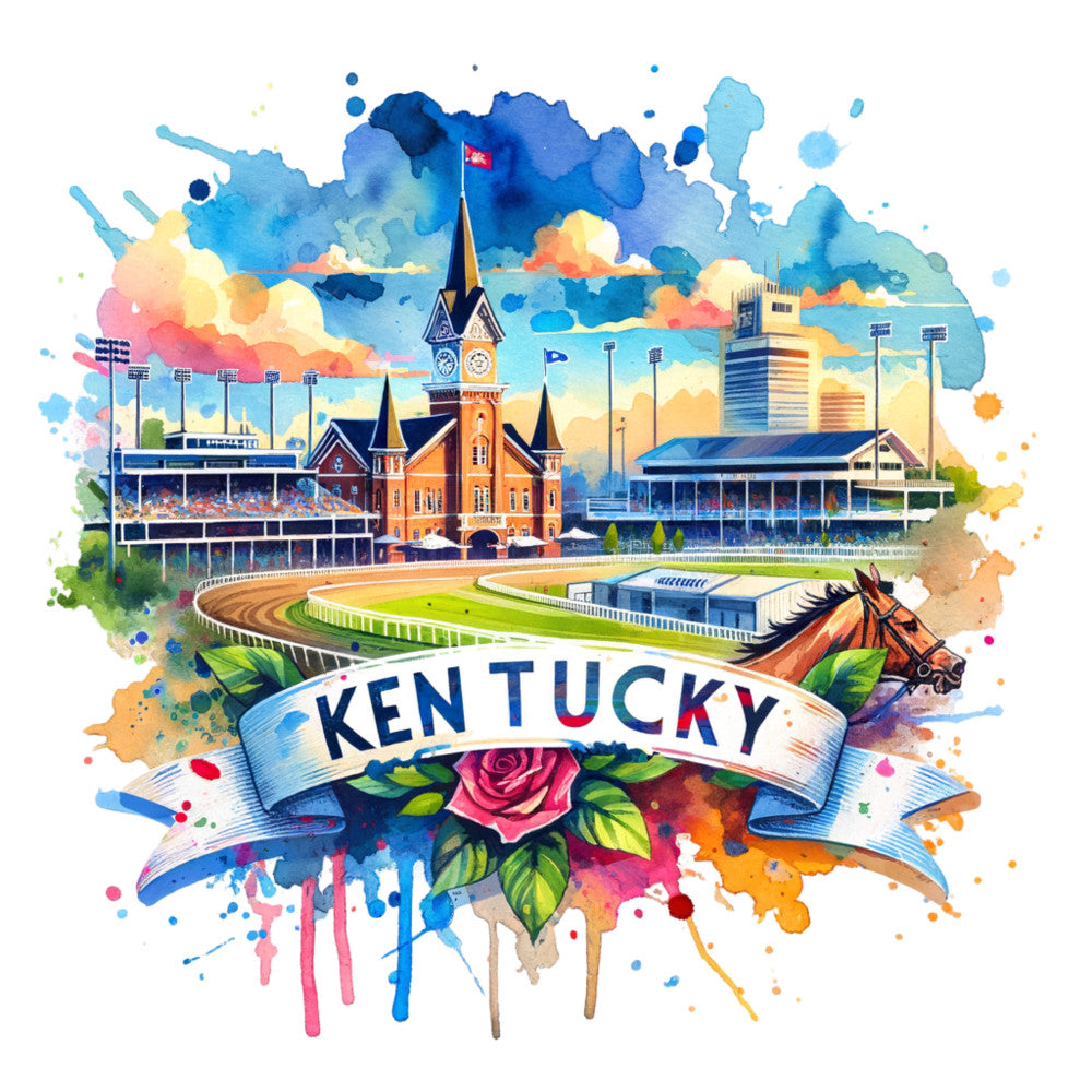 US States Retro Travel Fabric Panel 52 featuring a colorful Kentucky racetrack and cityscape printed on premium quilting cotton.