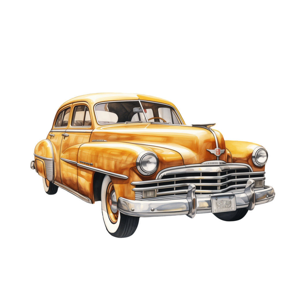 golden yellow, chrome silver, cream, black, vintage car, retro automobile, 1950s, classic car, antique car, mid-century modern, nostalgic, americana, transportation, vintage vehicles, hot rod, collectors theme, garage decor, mechanical, metallic accents, whimsical, decorative panel, home décor, adult themes, automotive enthusiast, novelty print, statement fabric, bold design