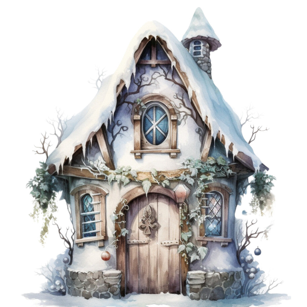 Watercolor Winter Houses Fabric Panel 48