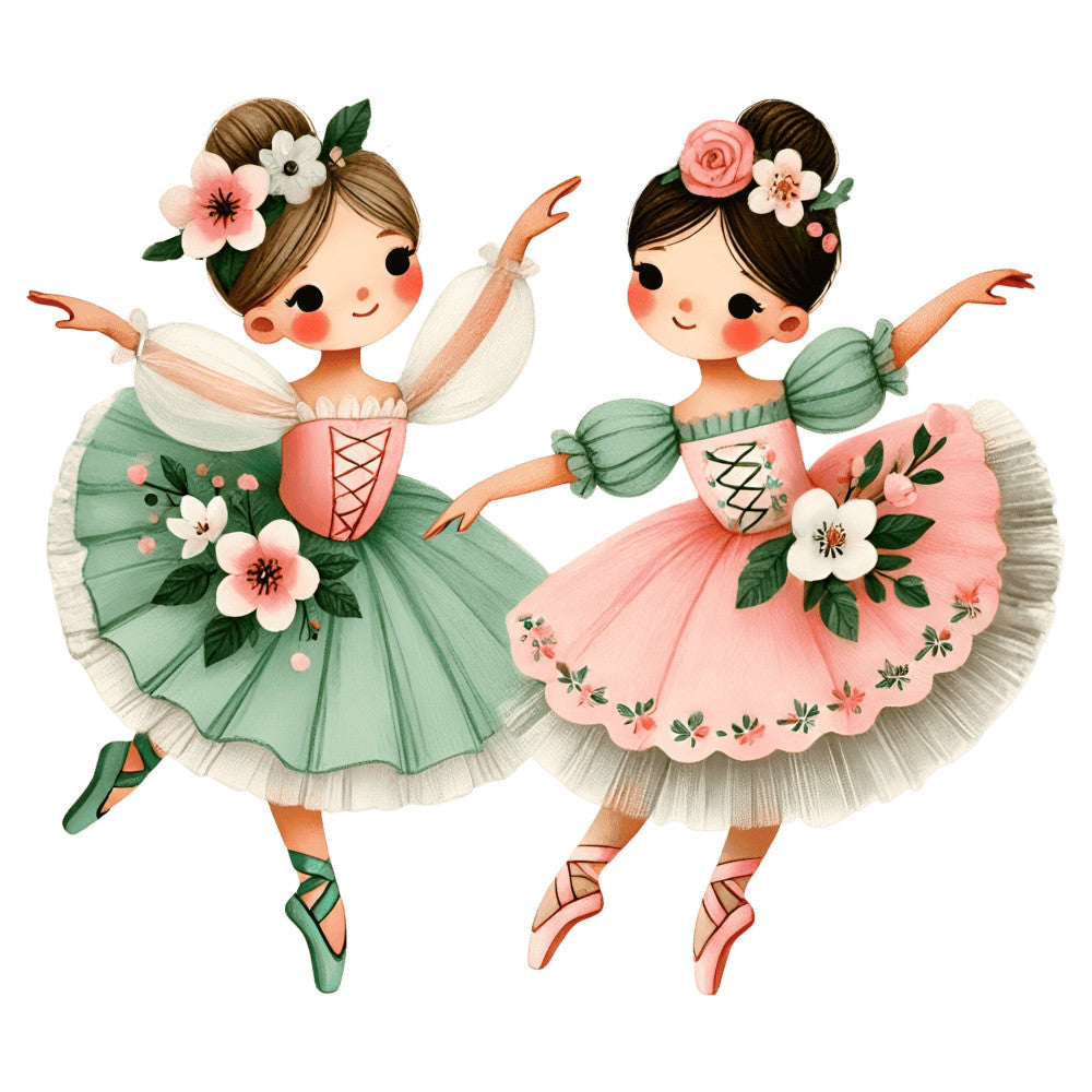 ballet dancers, ballerina, whimsical, floral, flowers, spring, summer, sage green, mint green, coral pink, dusty rose, blush pink, cream, peach, vintage style, elegant, feminine, graceful, tulle skirts, pointe shoes, flower crown, botanical, nature inspired, girl themed, children's fabric, nursery, dancing figures, artistic, illustration style, decorative