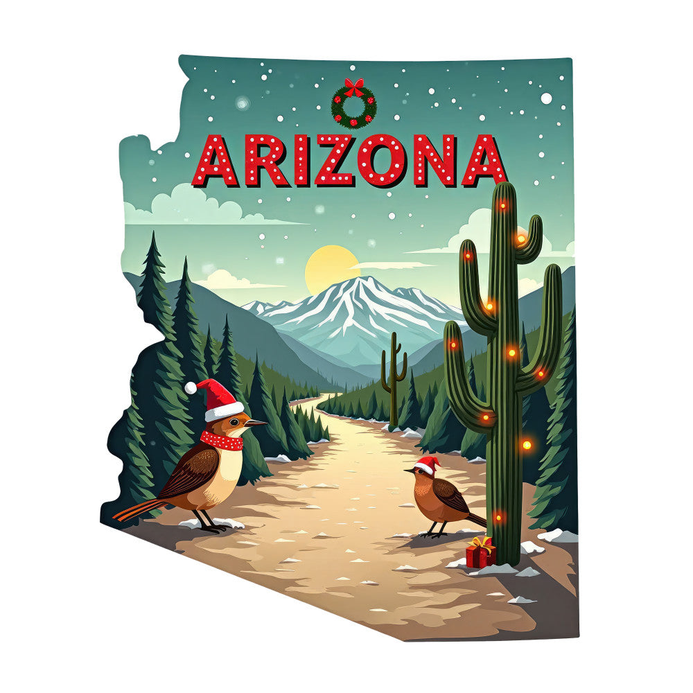 Christmas US States Fabric Panel 48 featuring Arizona with festive birds, decorated cactus, mountain landscape, and holiday lights.