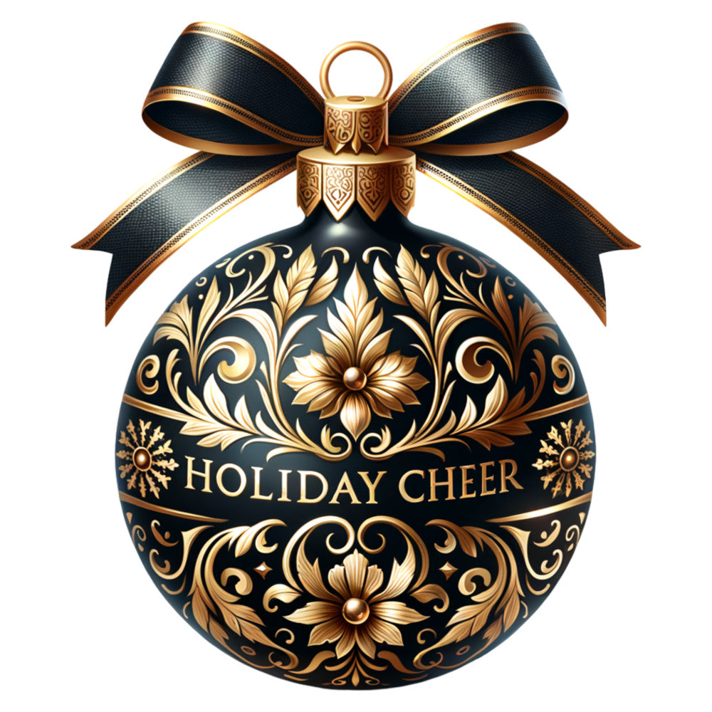black, gold, navy blue, christmas ornament, baroque patterns, floral motifs, decorative swirls, holiday ribbon, bow design, ornate details, fabric panel, quilting cotton, festive theme, elegant design, metallic accents, winter holidays, seasonal crafting, christmas decor, luxurious finish
