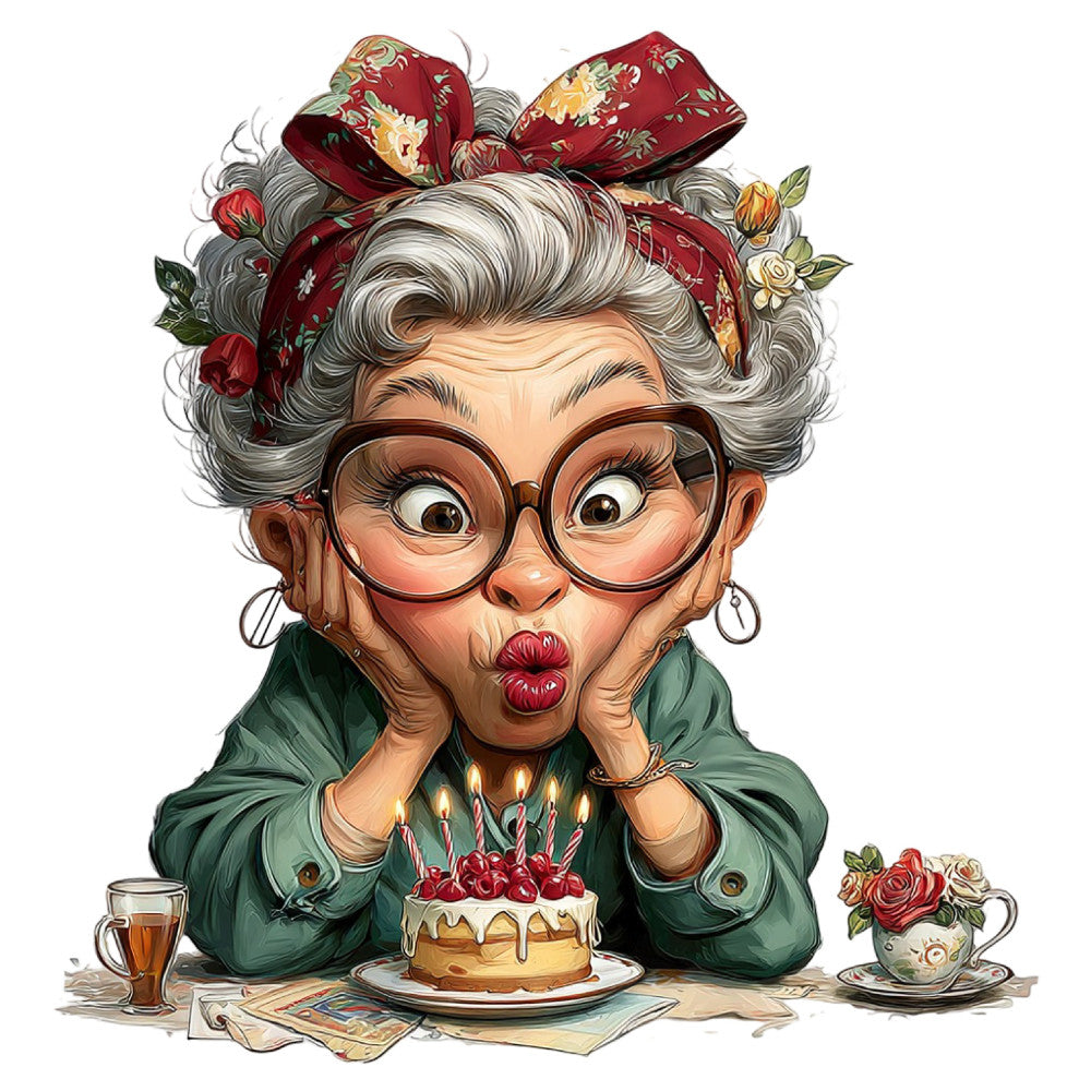 grandmother portrait, whimsical, vintage, retro, floral bow, gray hair, eyeglasses, birthday cake, celebration, portrait illustration, charming character, forest green, cream, burgundy red, gold accents, teacup, flowers, humorous, folk art, traditional, nostalgic, quirky, friendly face, decorative bow, roses, cozy, storybook style, character fabric, whimsy, playful