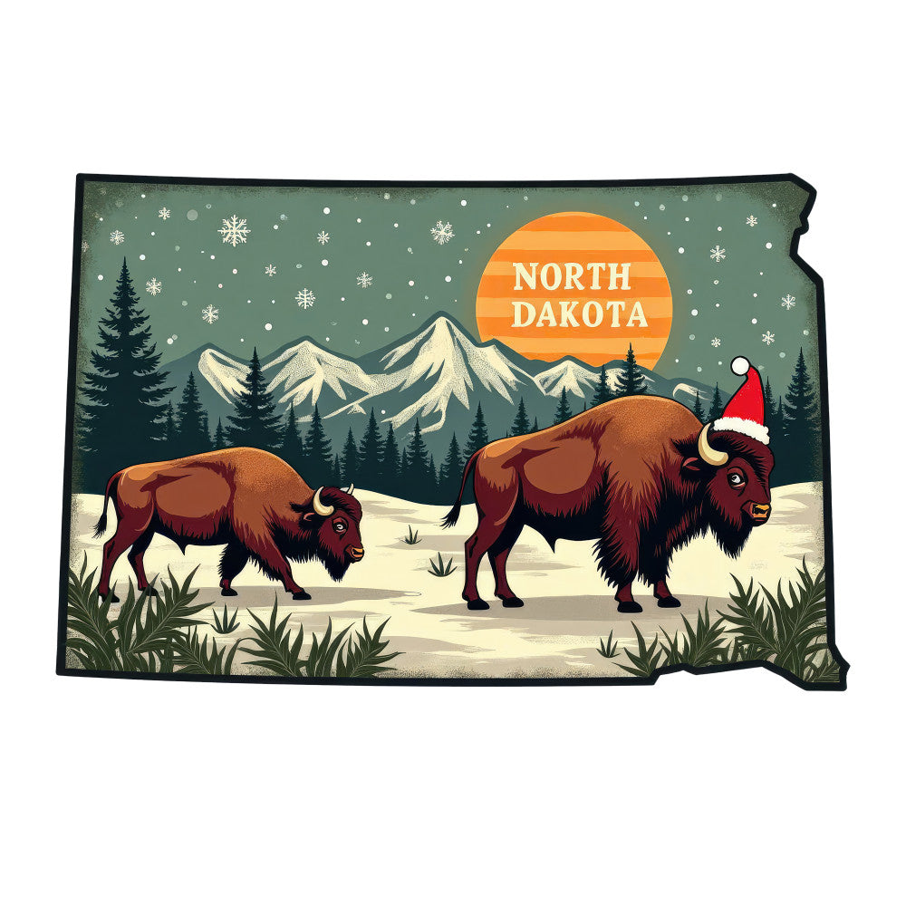 Christmas US States Fabric Panel 17 featuring North Dakota with buffalo wearing Santa hat in snowy mountain landscape