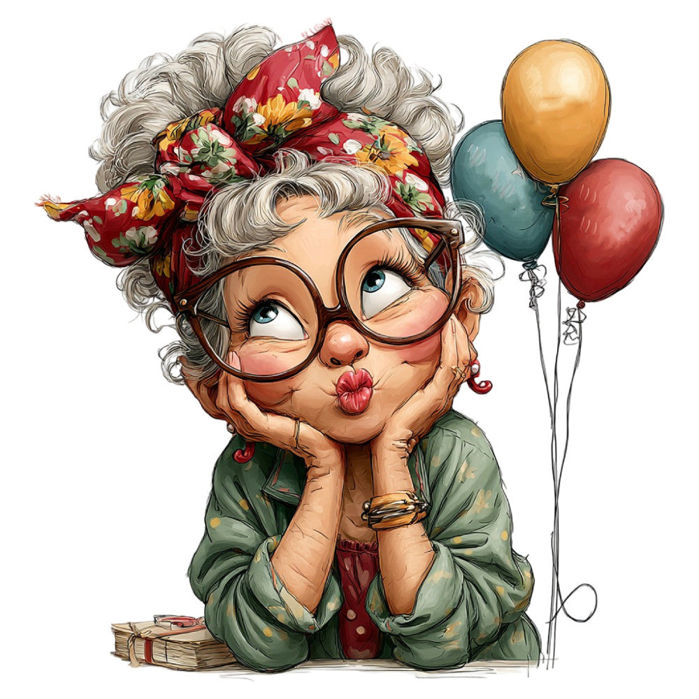 whimsical, vintage, grandmother, playful, floral headwrap, red florals, sage green, golden yellow, dusty rose, burgundy, teal blue, character illustration, quirky, retro, balloons, celebration, cheerful, folk art style, charming, cozy, nostalgic, fun print, decorative panel, wall art, mixed media, artistic, feminine, humorous, birthday theme, festive