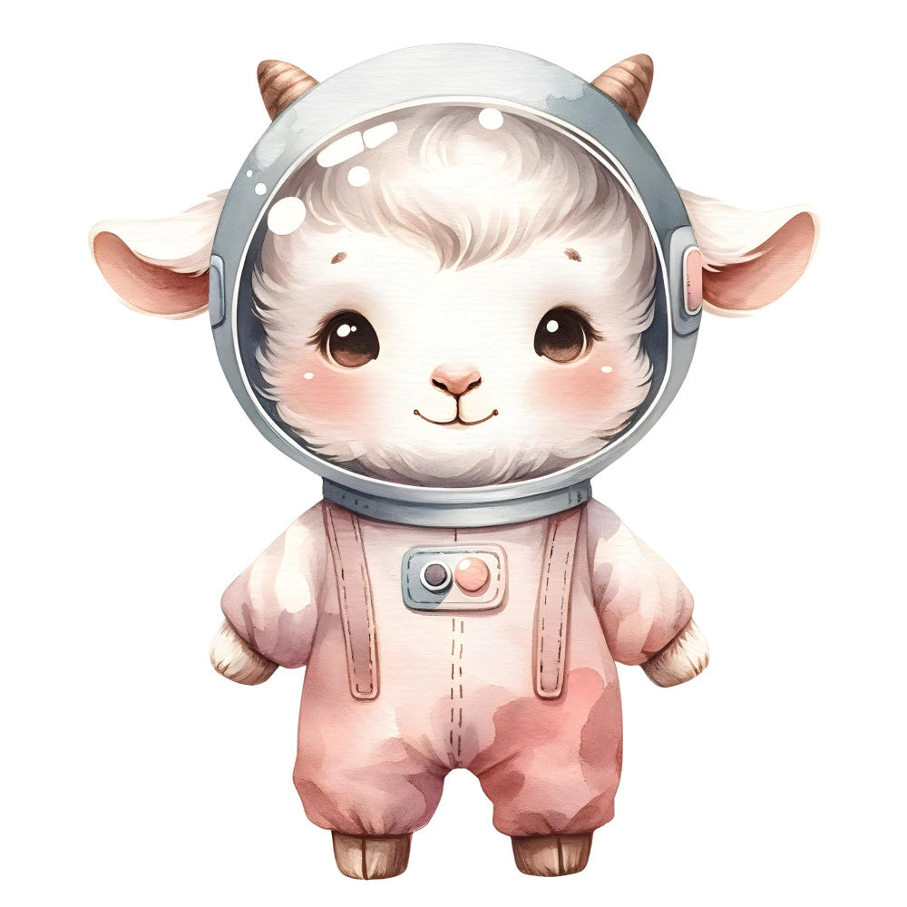 space goat, astronaut goat, cute goat, whimsical animals, pastel pink, dusty rose, soft gray, cream white, copper bronze, animal characters, space theme, celestial, sci-fi, children's fabric, baby quilt, nursery decor, adorable creatures, fantasy animals, illustration style, kawaii, sweet characters, modern whimsical, playful design, gender neutral, animal lovers, space exploration, helmet, spaceman, cute faces, soft palette