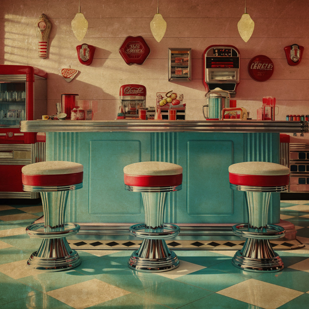 retro diner, turquoise, red, cream, vintage, 1950s, mid-century modern, retro kitchen, geometric, diner aesthetic, nostalgic, americana, chrome, checkered floor, soda fountain, diner stools, whimsical, playful, kitchen decor, wall hanging, home décor, teal, cherry red, chrome accents, retro appliances, vintage kitchen, decorative panel, novelty print, kitsch, nostalgic americana