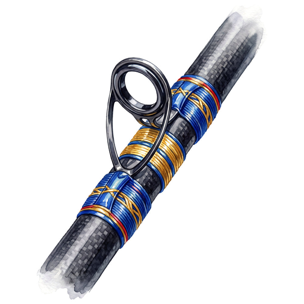fishing rod, fishing pole, sport fishing, blue and gold, navy blue, gold thread, red accent, black carbon fiber, metallic thread, fishing guide, fishing reel, sports equipment, outdoor recreation, fishing theme, nautical, hobby, leisure activity, masculine, adventure, blue striped, metallic gold, thread wrapped, equipment motif, modern, realistic illustration, detailed design, sporting goods, angler, fishing enthusiast