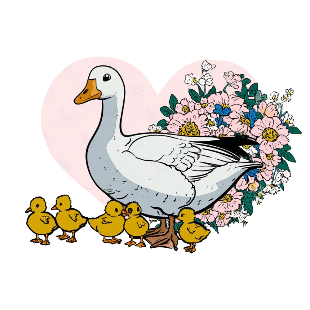duck, duckling, goose, waterfowl, birds, floral, pink flowers, daisies, white flowers, blue flowers, spring, nature, animal, farmhouse, whimsical, vintage, children's, baby, pastoral, countryside, garden, yellow ducklings, charcoal gray, pale pink, forest green, ivory, gold yellow, sweet, adorable, nursery