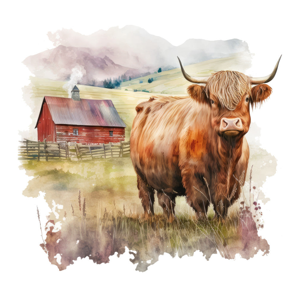 Watercolor Highland Cows Fabric Panel 4 featuring detailed illustration of a Highland cow with a rustic barn and misty hills in background.