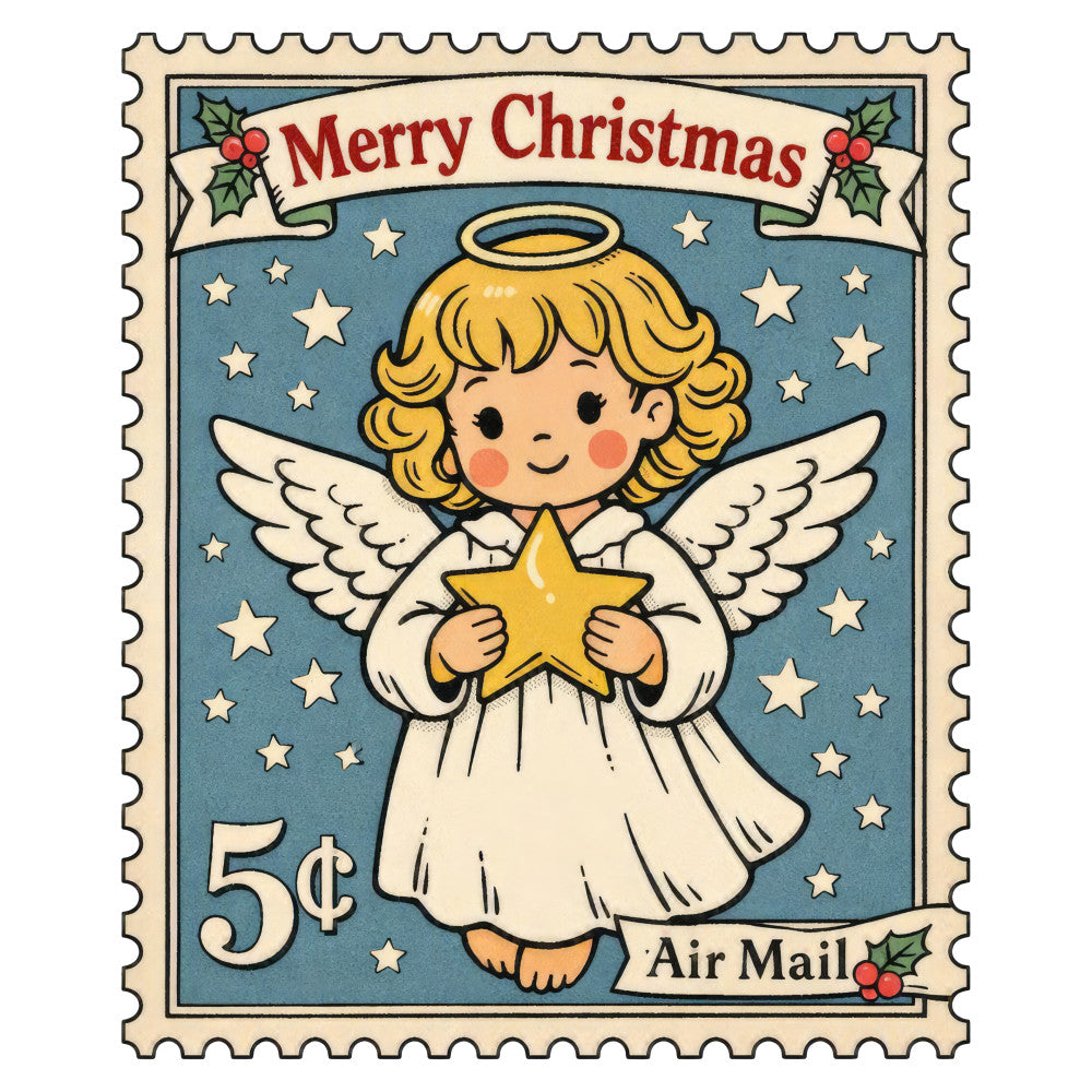 merry christmas, angel, vintage christmas, cream white, sky blue, golden yellow, stars, celestial, holiday, christmas, air mail, halo, wings, whimsical, retro, traditional christmas, festive, angelic, nostalgic, mid-century, charming, religious, spiritual, postage stamp, decorative, seasonal, winter, greeting card style, cherub, classic christmas
